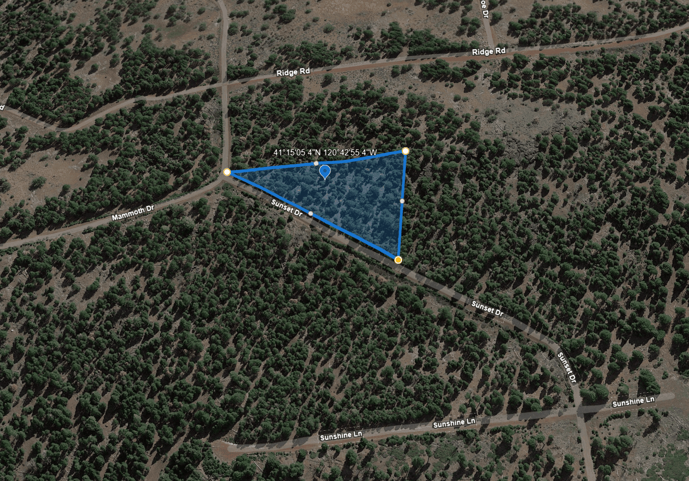 Aerial view of a forested area with roads and a triangular highlighted section.