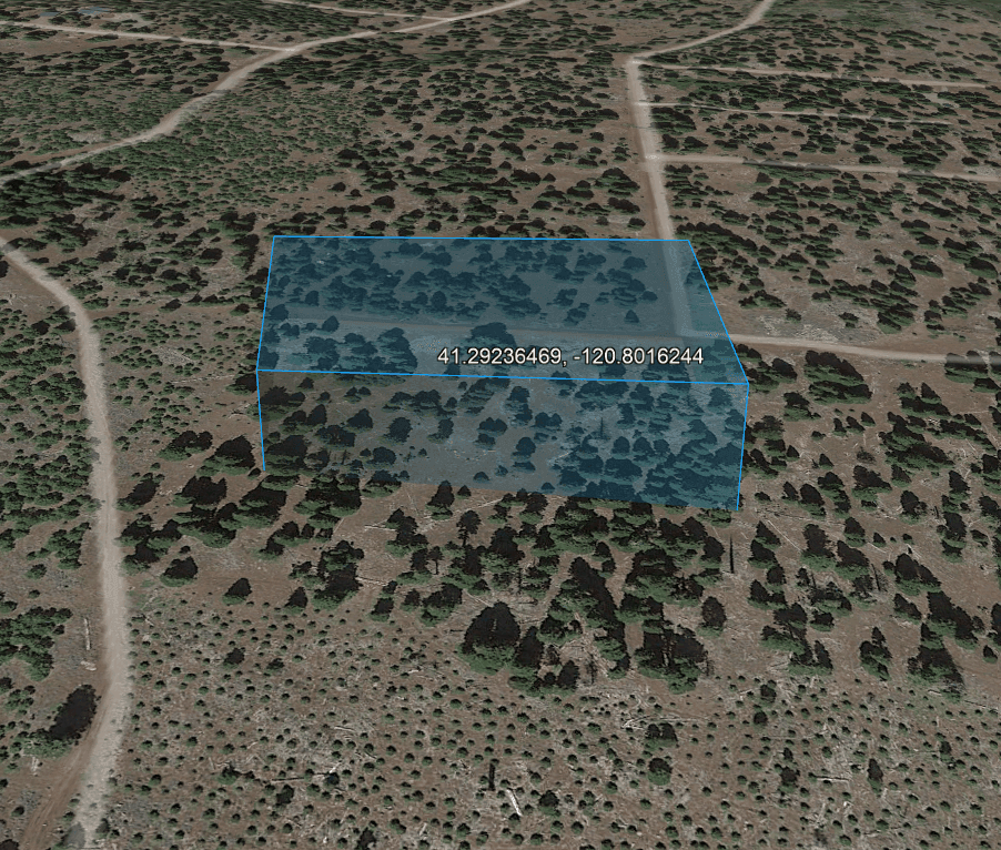 3D aerial view of a terrain with GPS coordinates overlayed on a blue highlighted area.