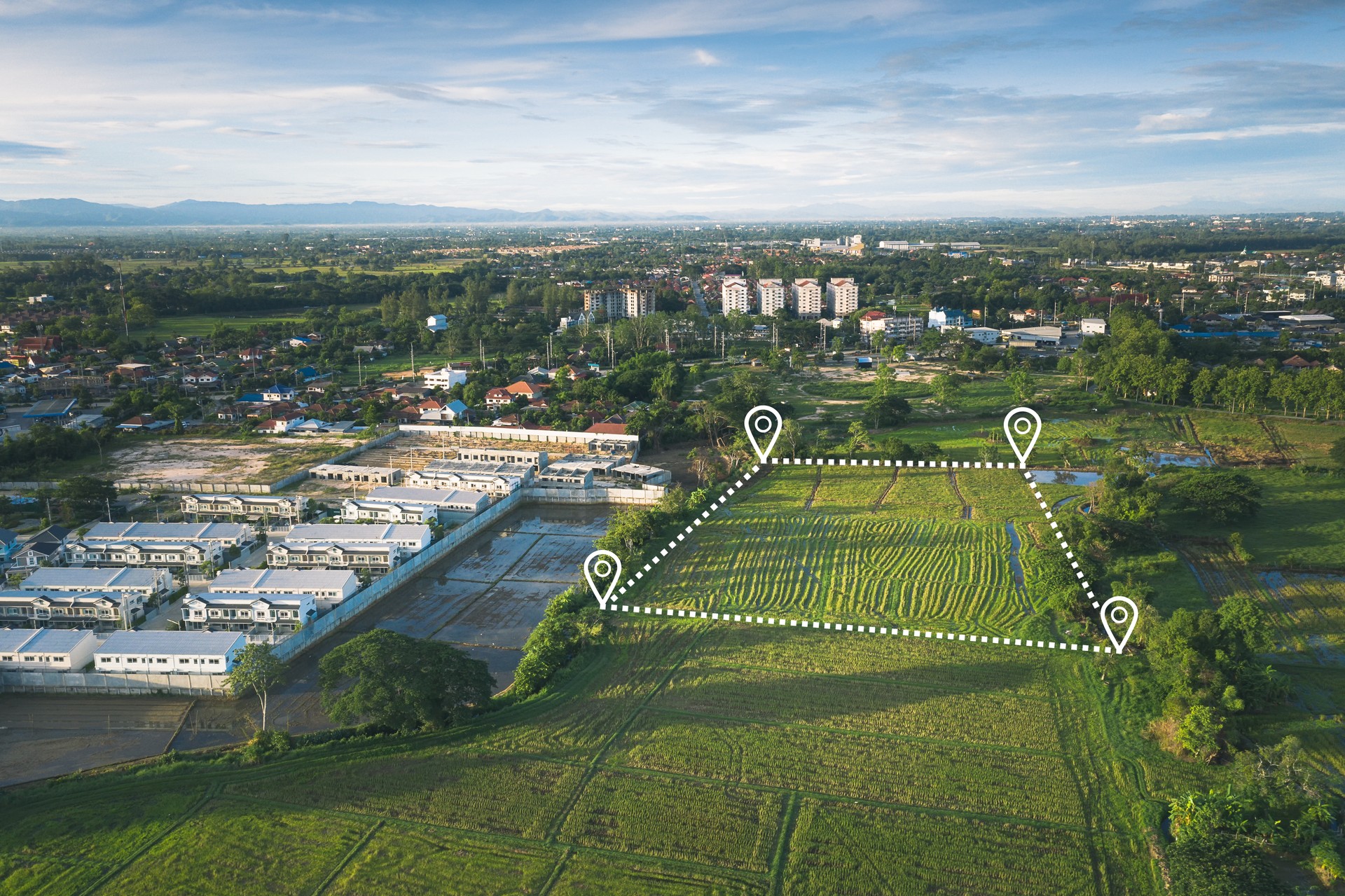 Aerial view of land and positioning point area.